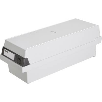 A white filing box with a closed lid, labelled 'HAN'. Suitable for storing index cards in the office.