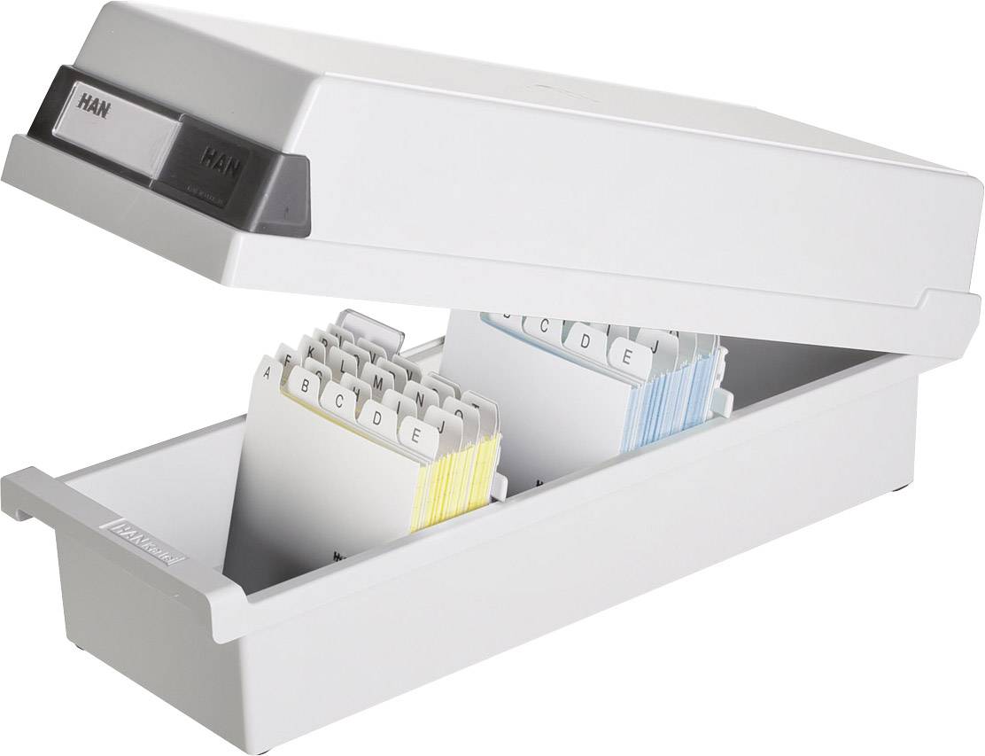 'Plastic index card box with hinged lid, showing sorted cards from A to E.'