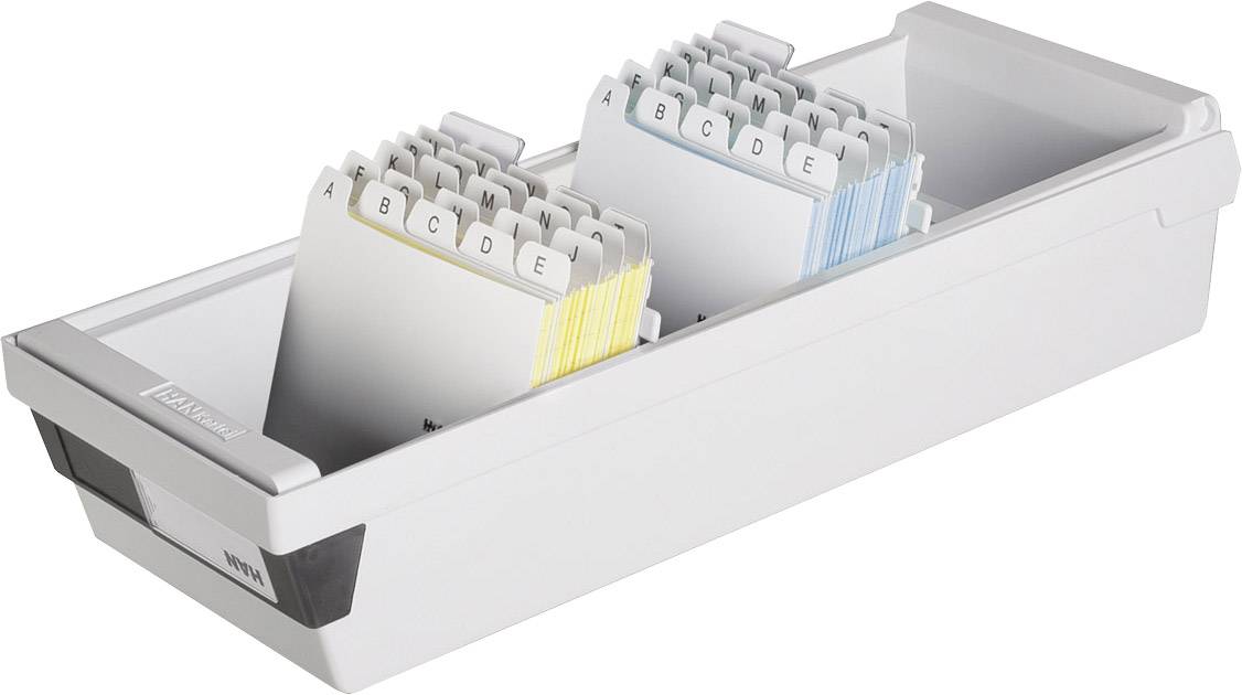 A grey filing box with alphabetically sorted, colour-coded divider tabs from A to E.