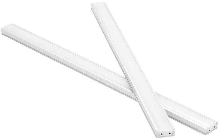 Two long, slender white LED lights crossing over on a white background.