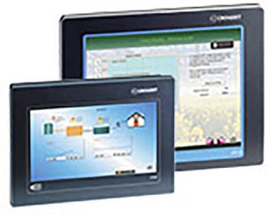 Two control screens with interfaces displaying processes or data. The front screen shows colourful diagrams.