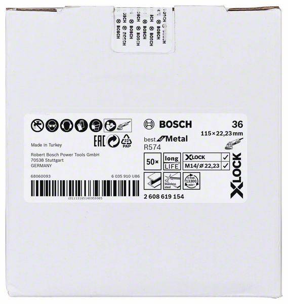 A Bosch packaging containing X-Lock diamond cutting discs, suitable for metalworking, 115 mm in diameter.