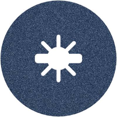 Blue sanding attachment with star-shaped cutouts in the centre, used for grinding work in metalworking or woodworking.
