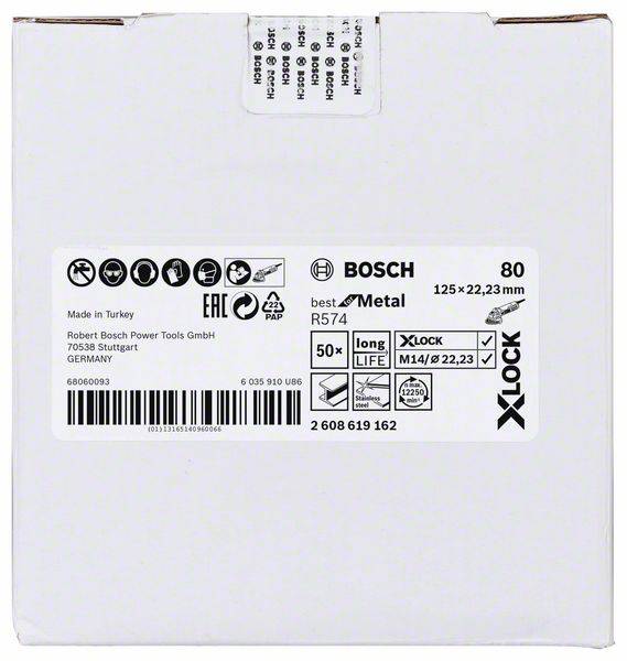 'Packaging label with details: Bosch, Type R574, 80 Grain, Metal Machining, Size 125 x 22.23 mm, manufactured in Turkey.'