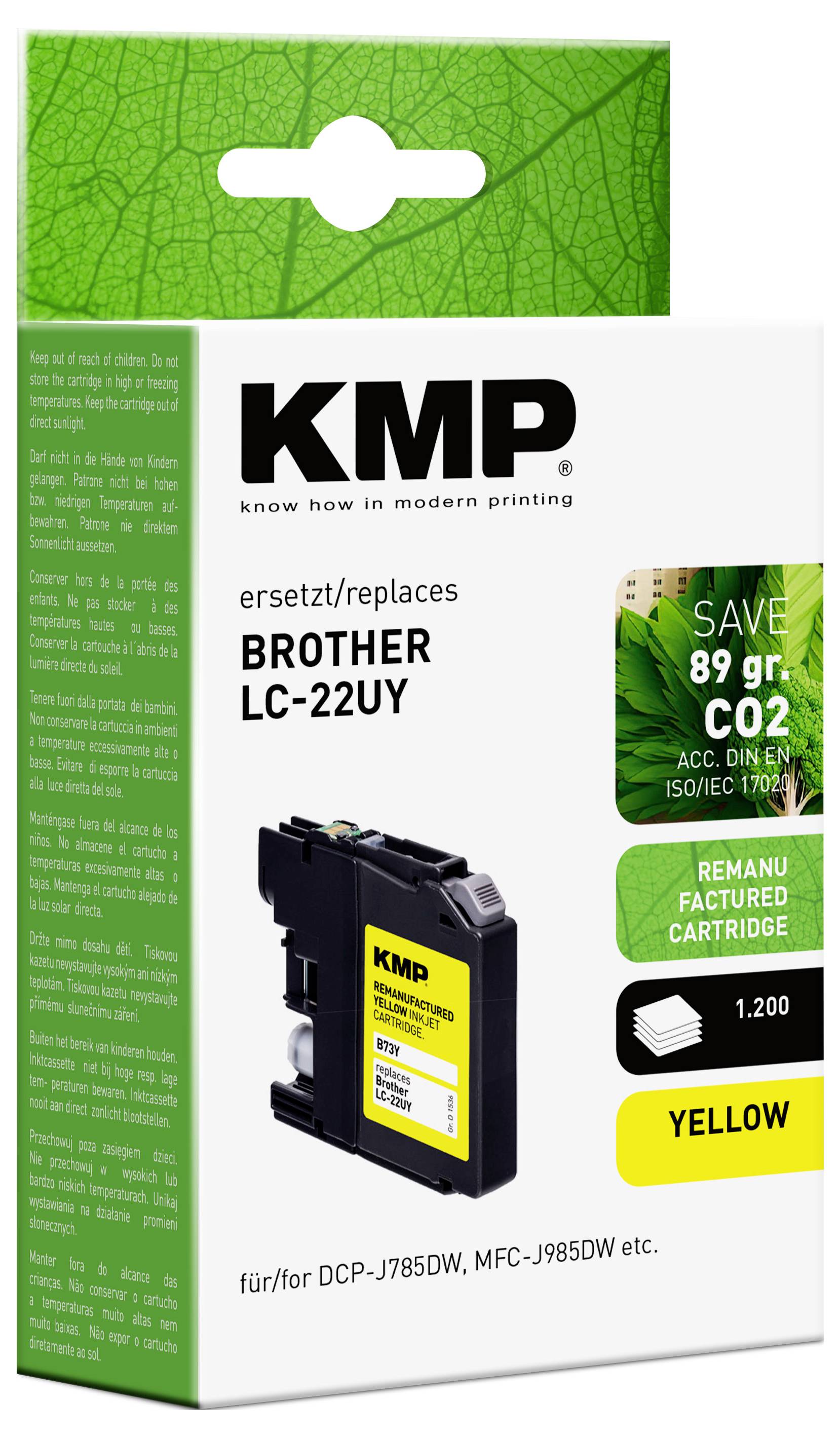 'KMP' remanufactured yellow ink cartridge for 'Brother LC-22UY'. Saves '89g CO2'. Compatible with models 'DCP-J785DW', 'MFC-J985DW'.