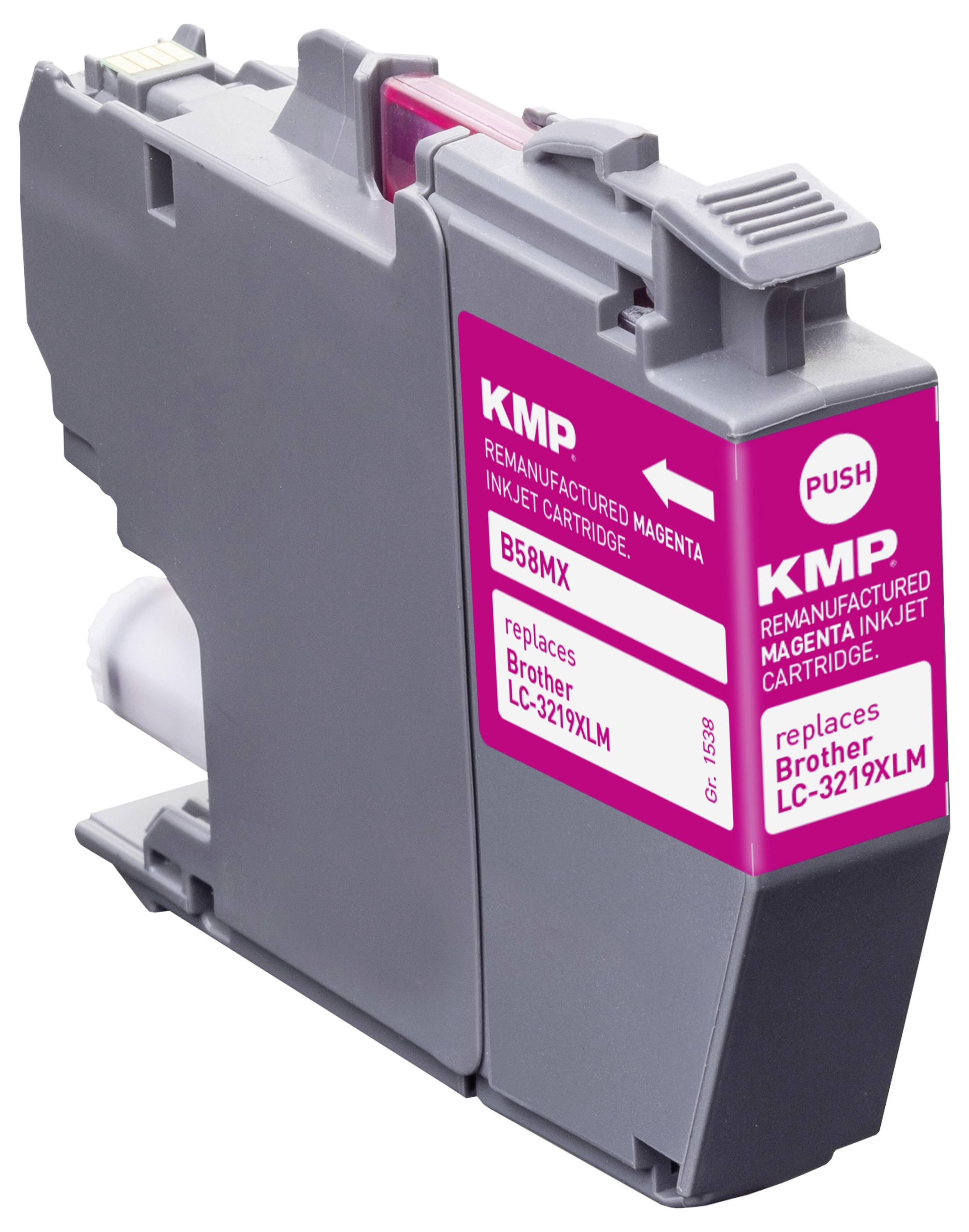Magenta inkjet cartridge labeled 'KMP' for Brother printers, model LC-3219XLM, with instructions to push for installation.