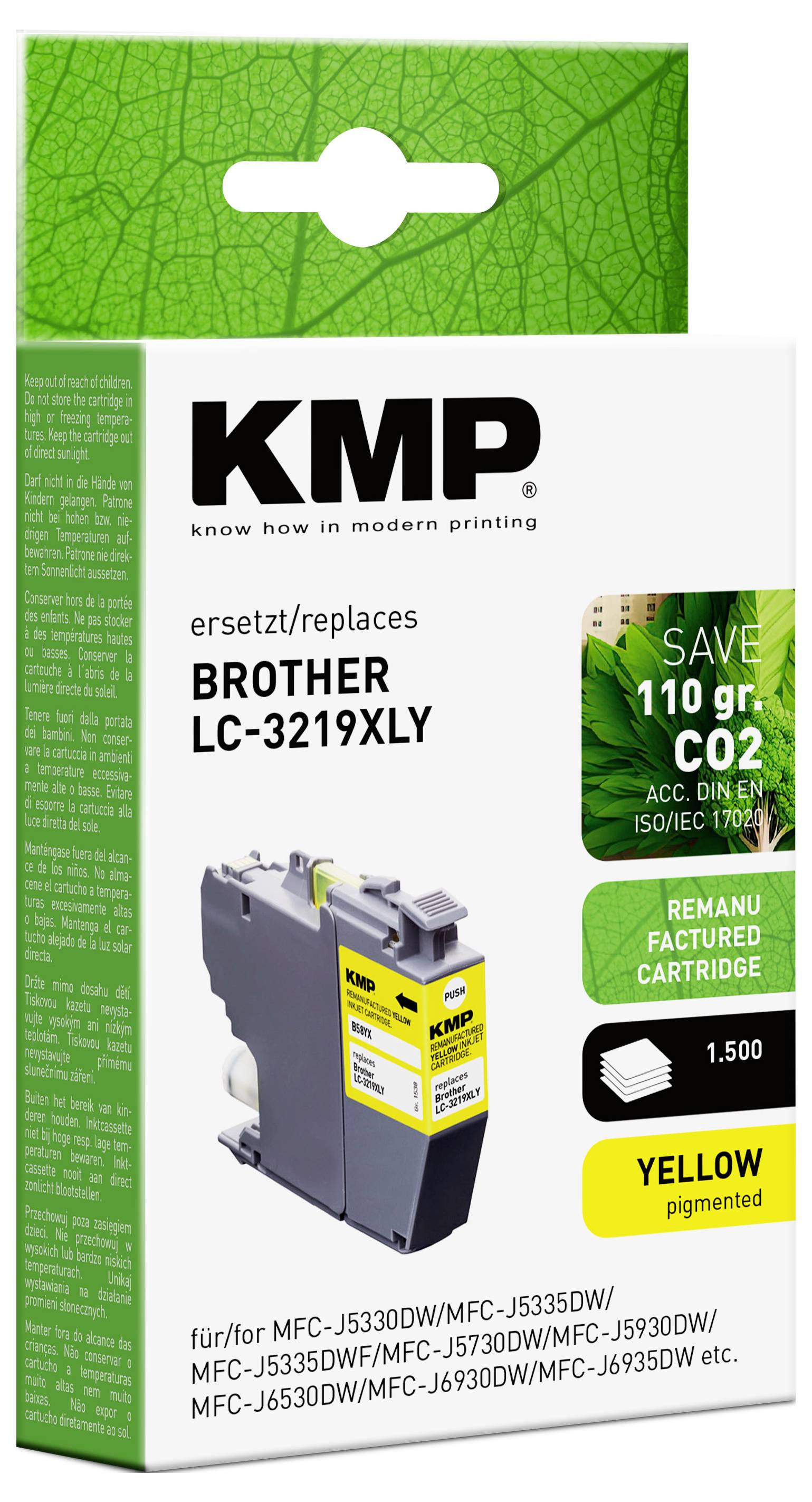 Packaging for a KMP remanufactured yellow ink cartridge, replacing Brother LC-3219XLY, with CO2 savings of 110g.