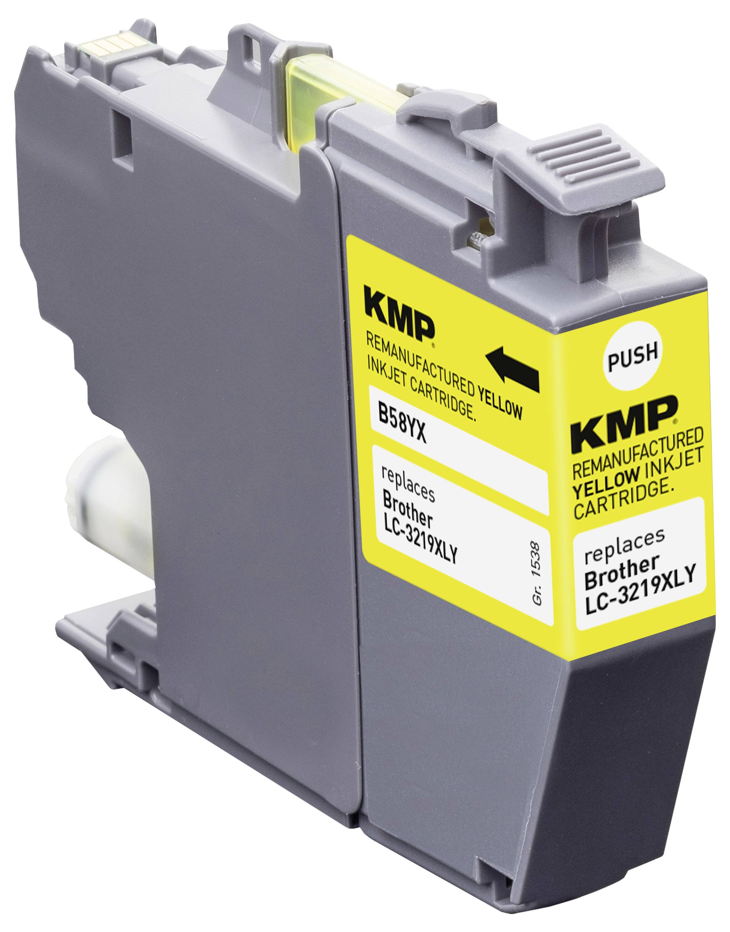 A KMP remanufactured yellow inkjet cartridge with labels indicating compatibility with Brother LC-3219XLY and model number B58YX.