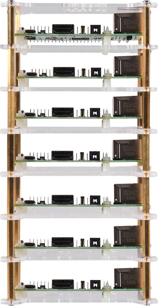 Seven-layered electronic circuit board vertically stacked, with each layer featuring USB ports and electronic components.
