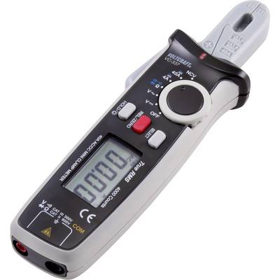 A digital multimeter for measuring electrical values, with a display, control buttons, and visible clamp for current testing.