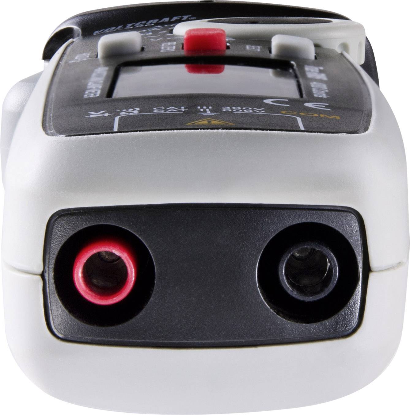 A digital multimeter viewed from above, with two sockets for cable connections, one in red, the other in black.