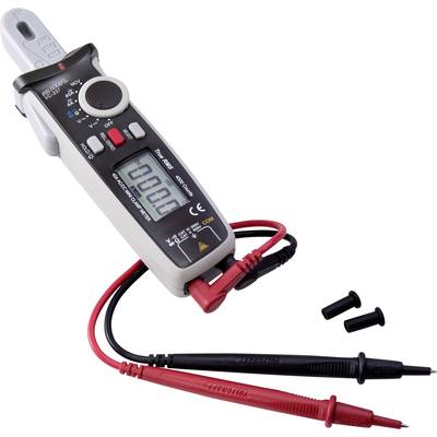 A digital multimeter with two test probes in red and black, displaying voltage and current measurements.