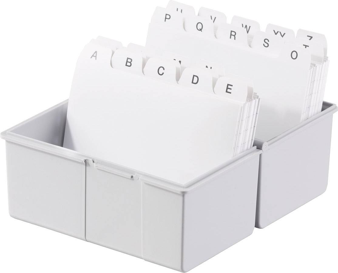 Card index box with sorted, alphabetically labelled divider cards from A-Z, used for organising information.