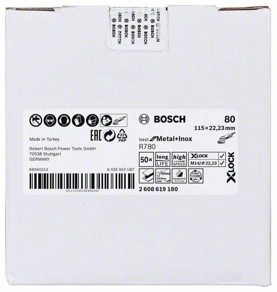 A cardboard box with a Bosch label contains grinding discs for metal and stainless steel, 115 mm x 22.23 mm, 80 grit, manufactured in Turkey.