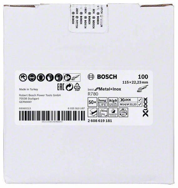 'Bosch' grinding disc packaging shows product specifications such as dimensions (115 x 22.23 mm), 100 pieces, suitable for metal and stainless steel.