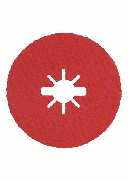 A red circle with a white symbol in the centre, depicting a sun with eight rays.