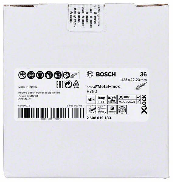 'Packaging label for Bosch grinding discs: 125 mm x 22.23 mm, Metal+Inox, Grit 36, X-Lock system, manufactured in Turkey.'