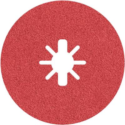 A round, red grinding disc with a star-shaped cut-out in the centre, commonly used for floor cleaning equipment.