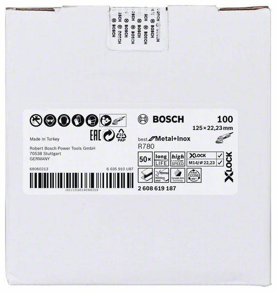 The packaging shows Bosch sanding sheets, Metal+Inox, 125 x 22.23 mm, 100 pieces. Manufactured in Turkey. EAN and certification logos.