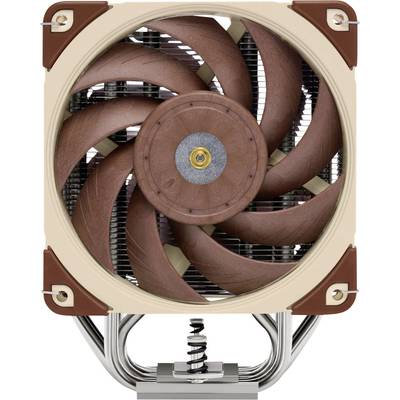 Cooler with round brown fan blades, beige casing and silver cooling fins; used for cooling computer processors.