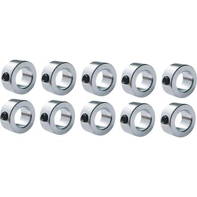 Ten silver, cylindrical metal rings with a side hole, arranged in two rows of five rings each.