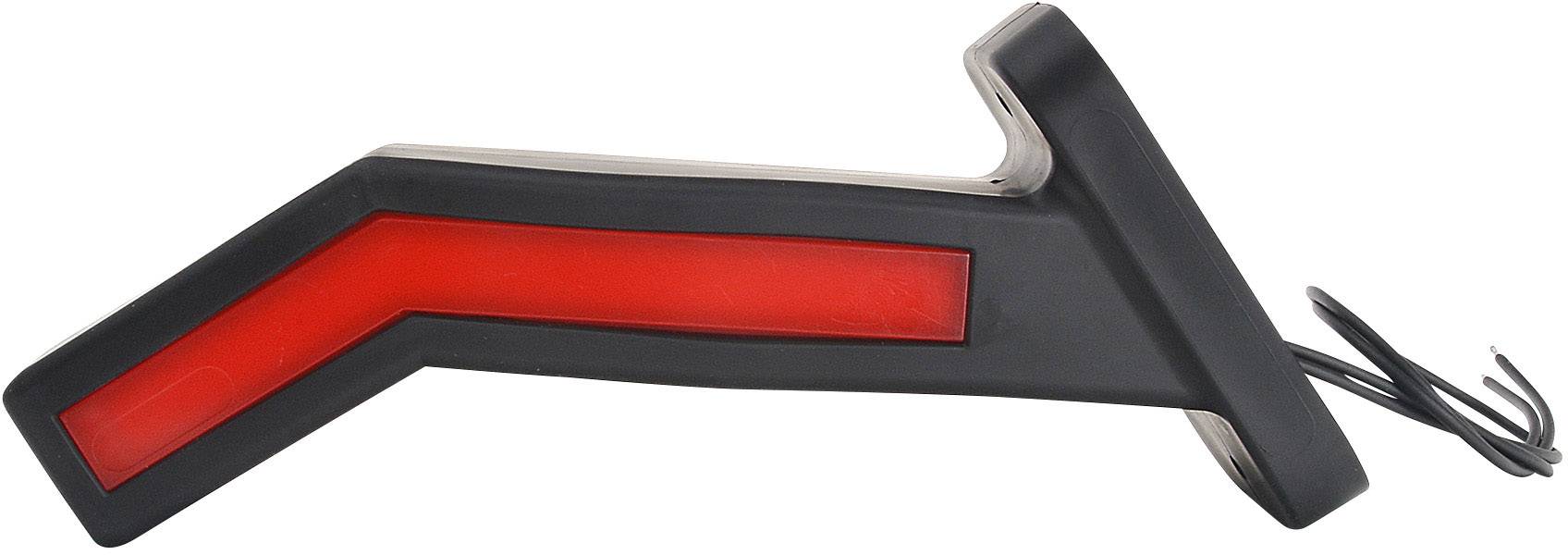 Black LED rear light unit with red, arrow-shaped light for a vehicle. Cable at bottom right.