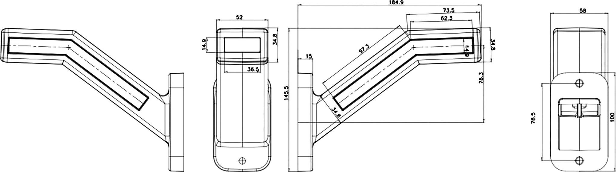 Technical drawing of an angular element with dimensions in three views: side, top, and front. Dimensions in millimetres.