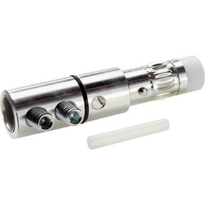 Metallic cylinder with two screws and a ribbed section, likely a machine or device component, against a white background.