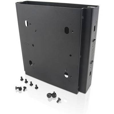 Metal black, rectangular housing or mounting module, with various screw holes and several screws beside it.