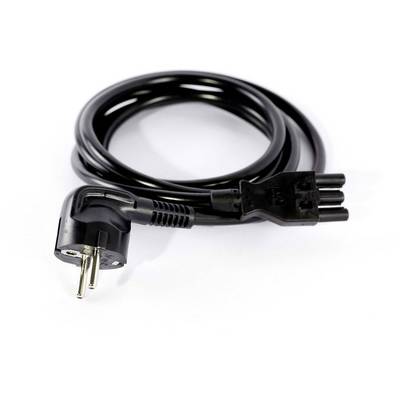 Black network cable with three-pin plug and angled power connector, coiled on a white background.