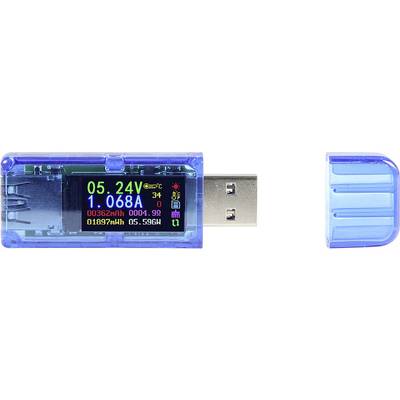 Blue USB voltage and current meter displays '05.24V' and '1.068A' on a digital display with additional technical details.