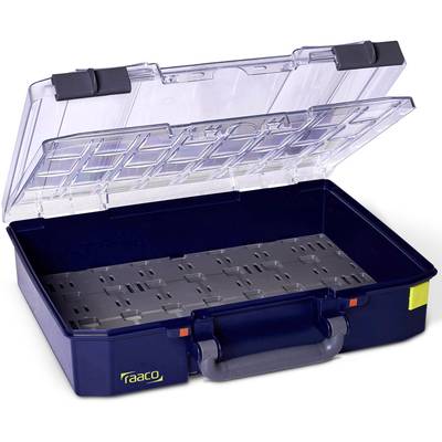 An opened blue tool case with a transparent lid, suitable for storing and organising small items.