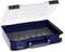 Open, empty toolbox with a transparent lid and grey handle.