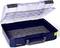 An opened, blue storage case with a transparent lid, metal base, and a yellow fastener, ideal for tool storage.