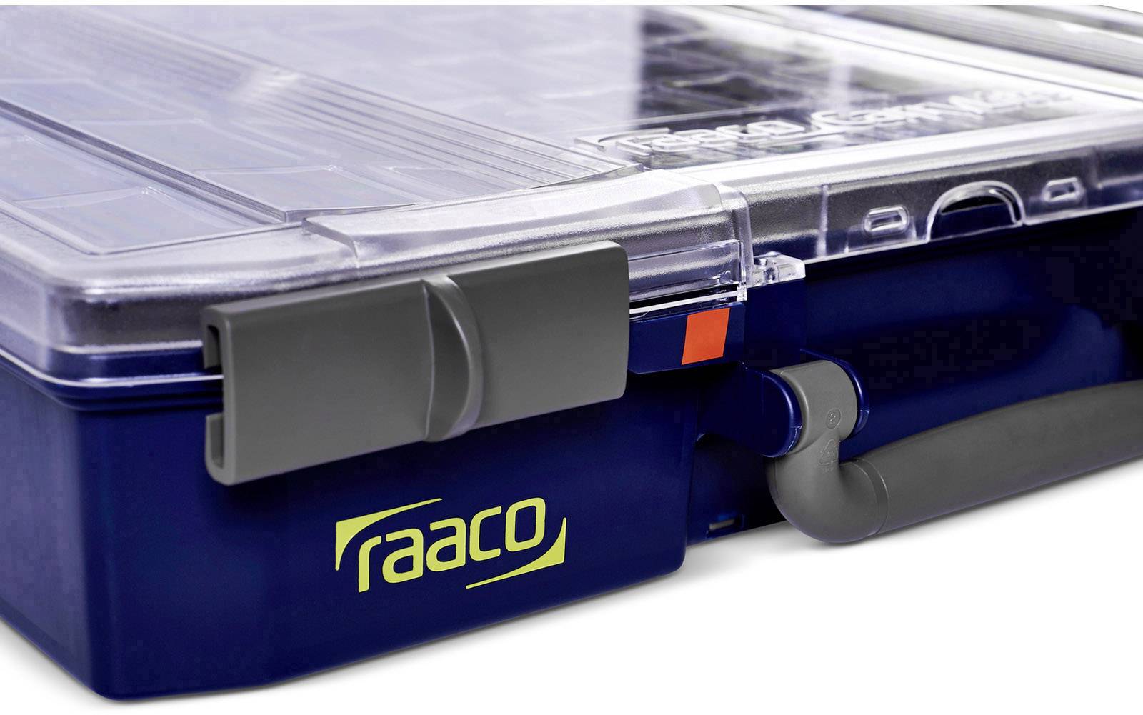 Blue storage box by 'raaco' with transparent lid and handle; suitable for storing small parts.