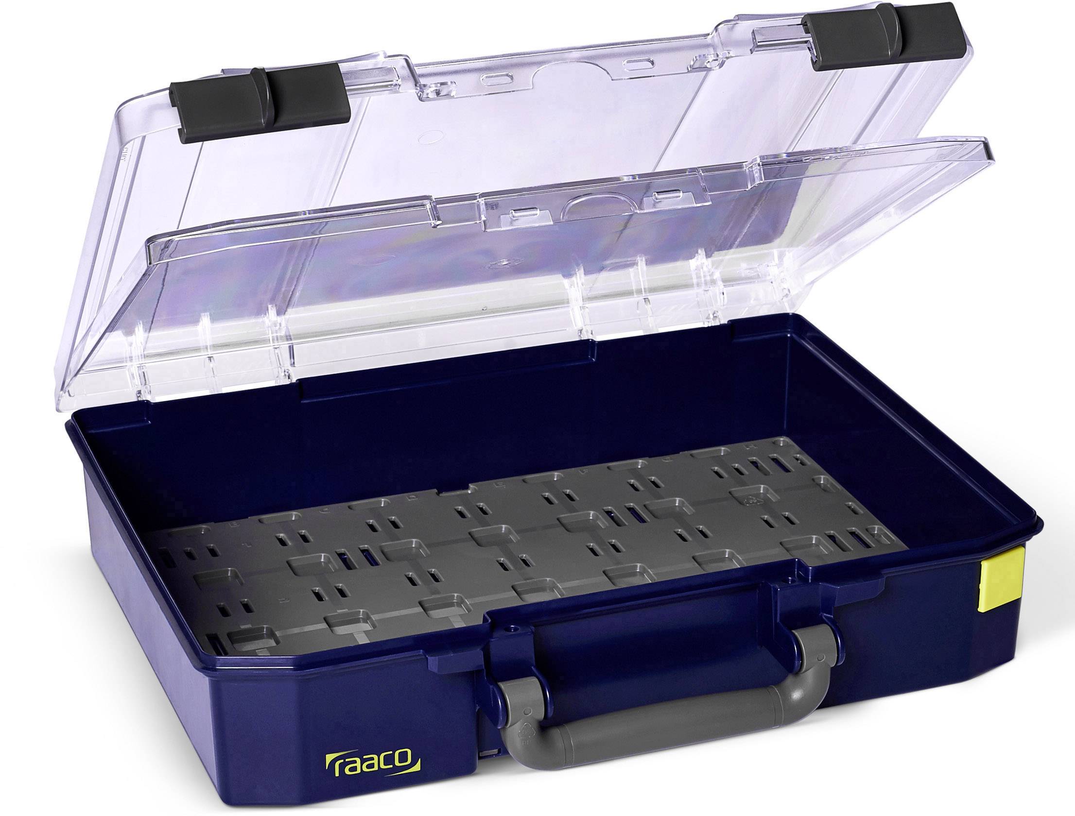 Open blue plastic tool case with transparent lid, grey handle, and internal compartments for storing tools or small parts.