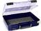Open blue plastic tool case with transparent lid, grey handle, and internal compartments for storing tools or small parts.