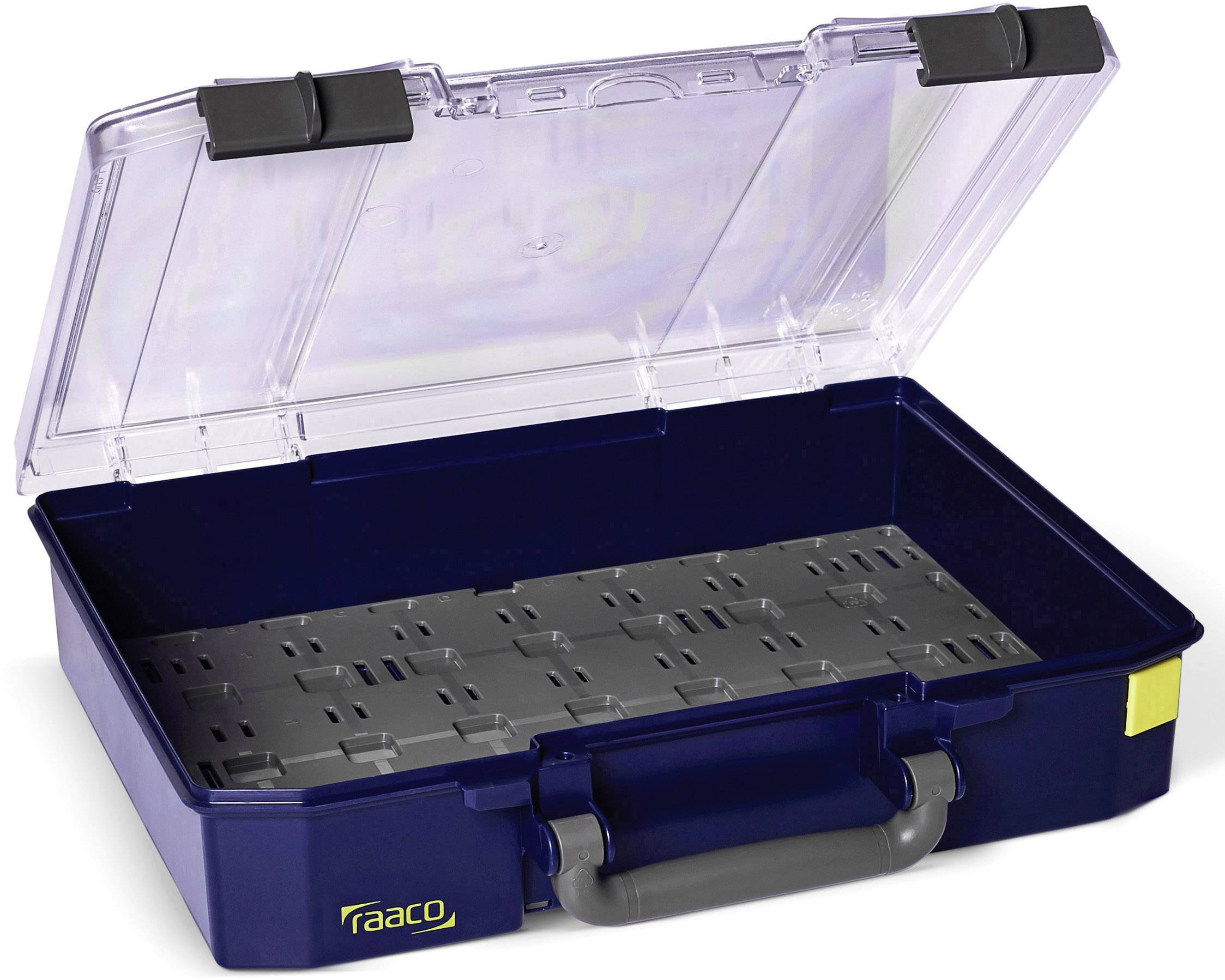 Open, empty, dark blue plastic case with a transparent lid. The case has a black handle and a yellow name label.