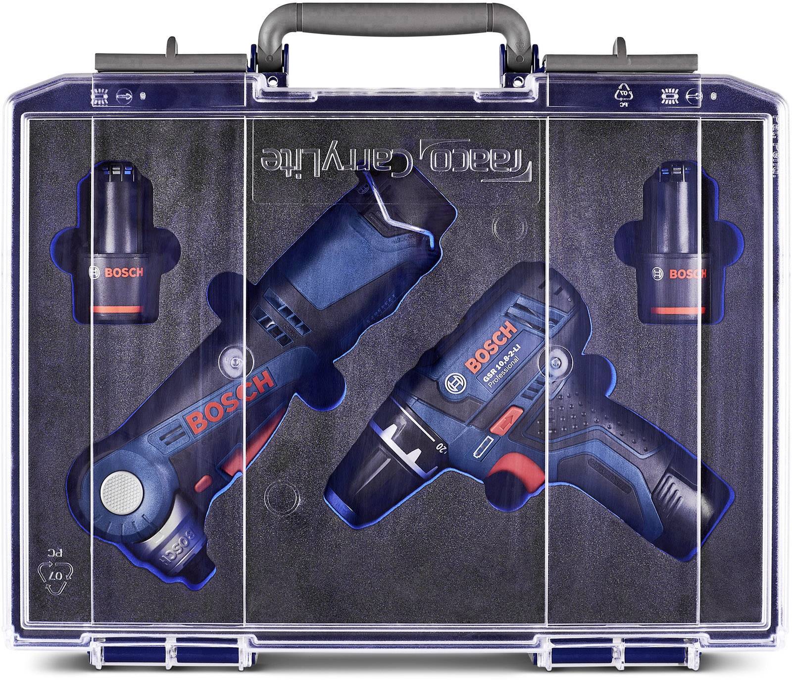 A tool case contains two Bosch cordless drills and two batteries, securely stored in a black foam insert with a transparent lid.