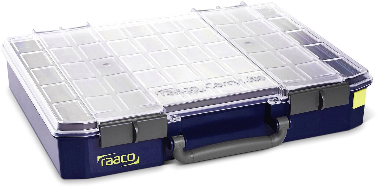 Plastic storage case with transparent lid and grey handle, suitable for storing small parts. Marked with 'raaco'.