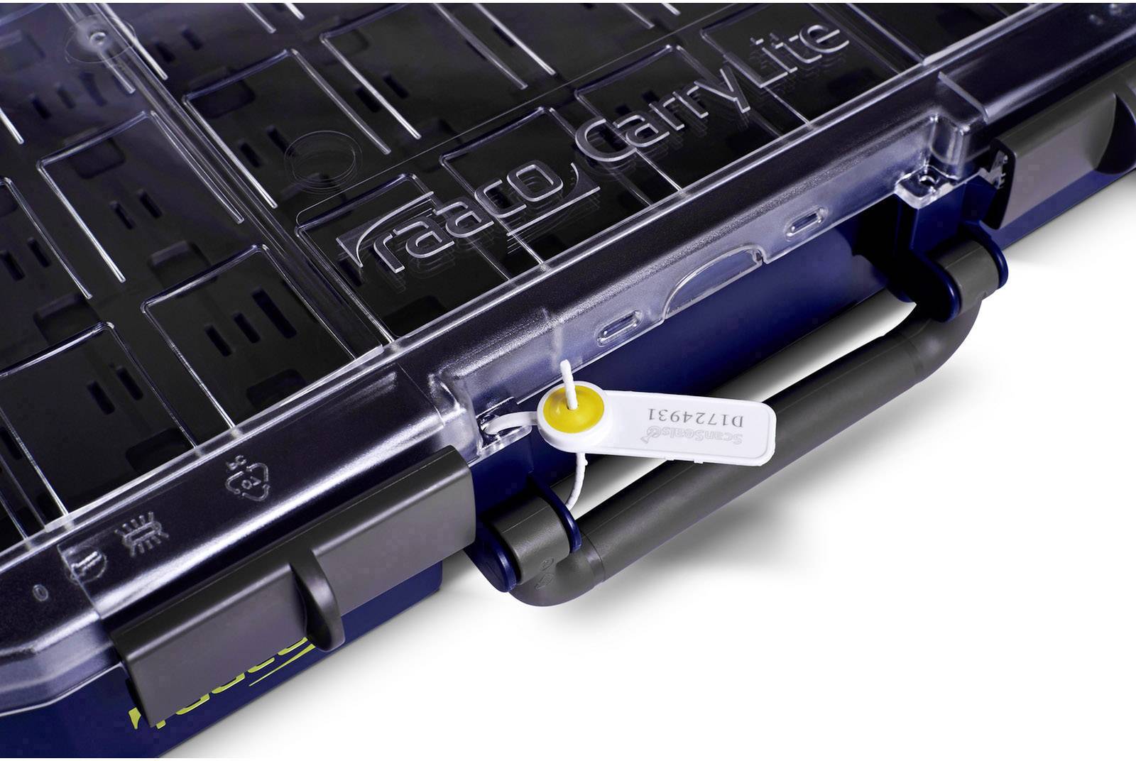 A transparent tool case with the inscription 'tactix carrylite'. A yellow label with a number hangs from a black handle.