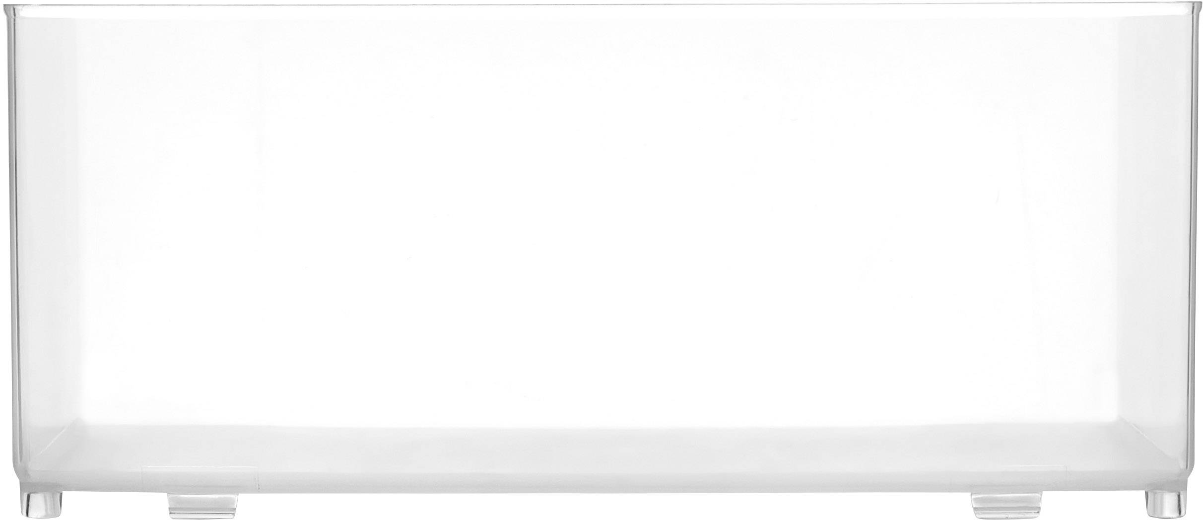 An empty, transparent plastic container with no visible contents.