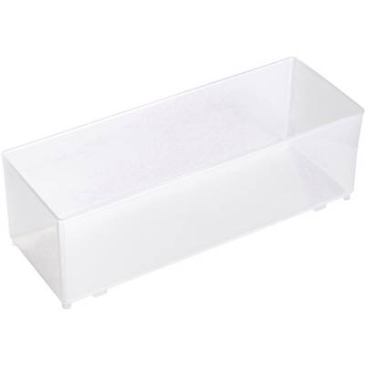 Transparent, rectangular plastic box, shown empty, against a white background.