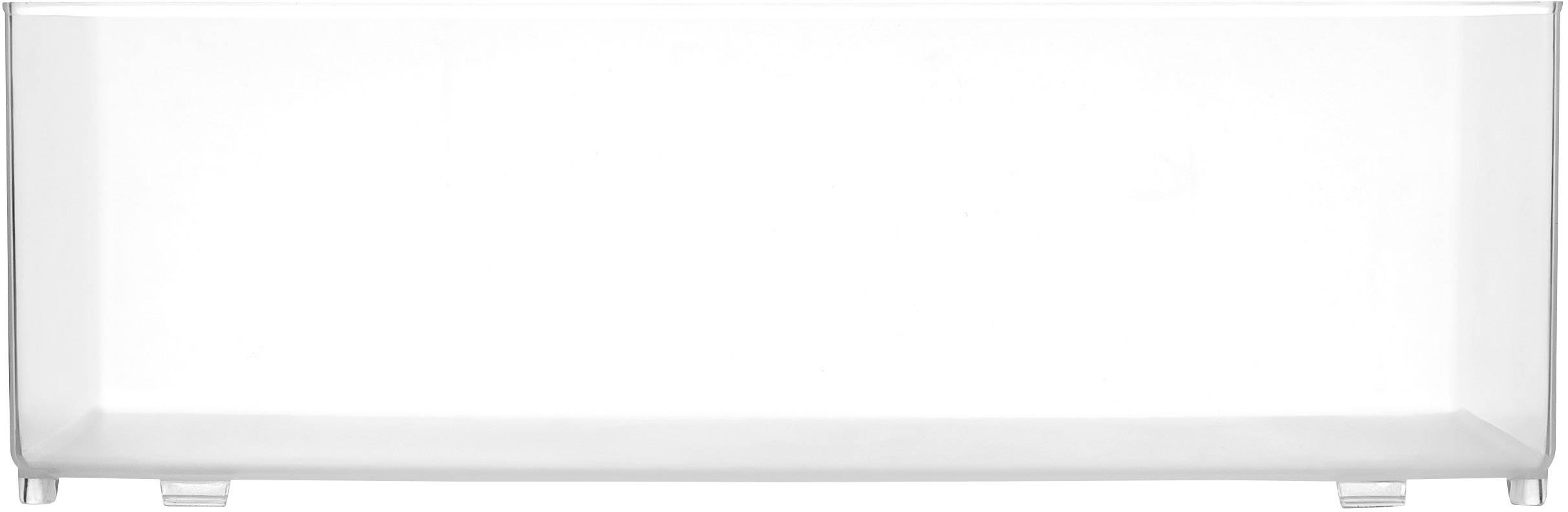 A transparent, rectangular plastic container on a white background.