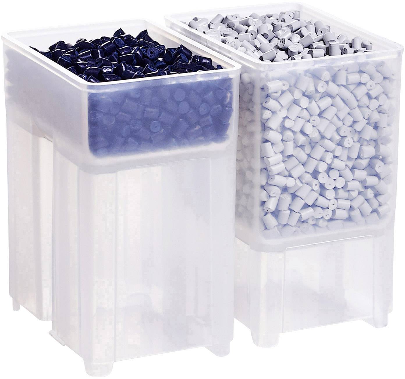Two plastic containers, filled with small spherical components. The left container has dark blue, the right light grey components.