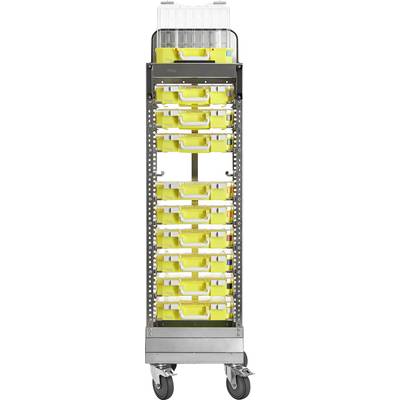 Metallic trolley with multiple yellow drawers, labelled and suitable for medical or organisational purposes.