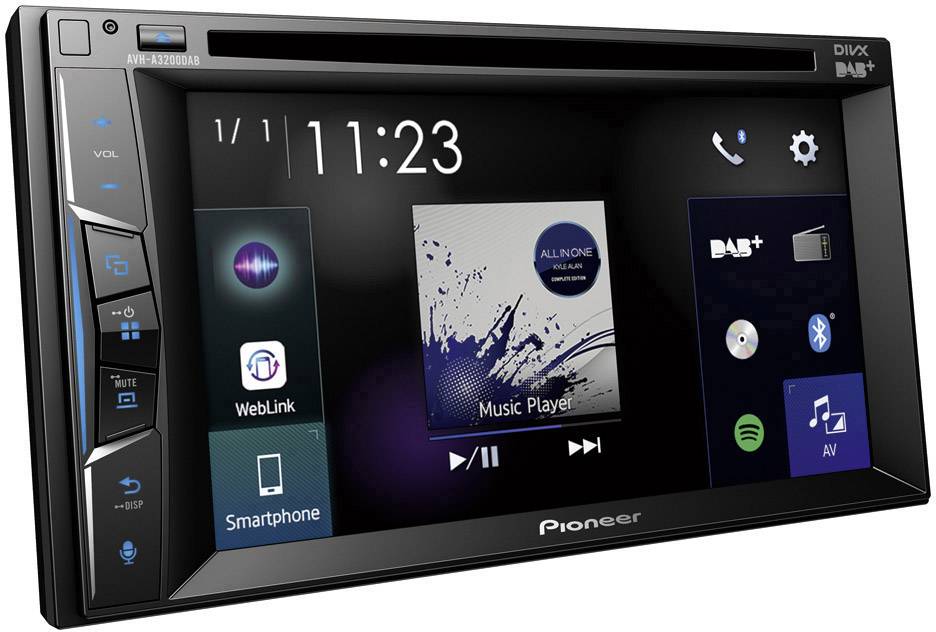 Pioneer auto infotainment system with touchscreen display. Shows time, music player and app icons for smartphone connectivity.