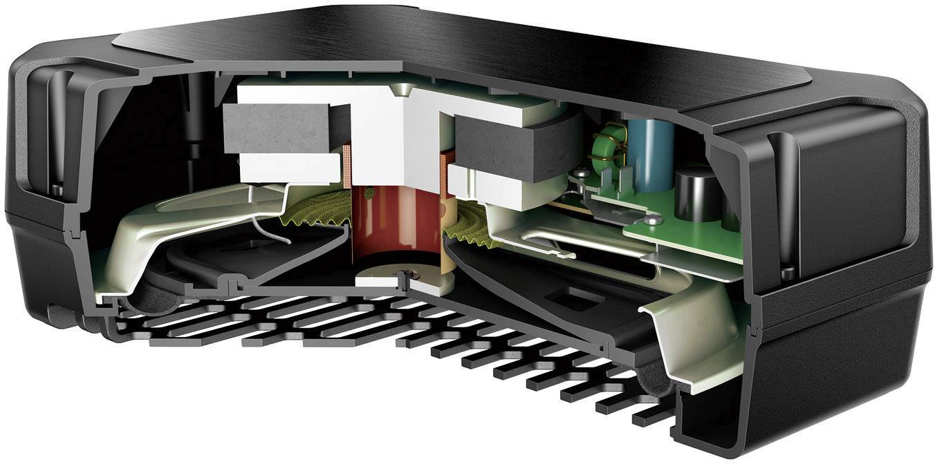 Cross-sectional view of an electronic device with visible components such as circuit boards and mechanical parts.