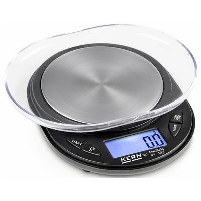 Digital kitchen scales with a round stainless steel weighing platform and a blue-illuminated display showing '0.0g'. Buttons present for units and on/off functions.