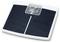 Black personal weighing scales with a digital display showing '0.0', on a white frame. Ideal for weighing individuals.